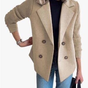 Chic Women's Tan Double-Breasted Blazer/ Sweater
